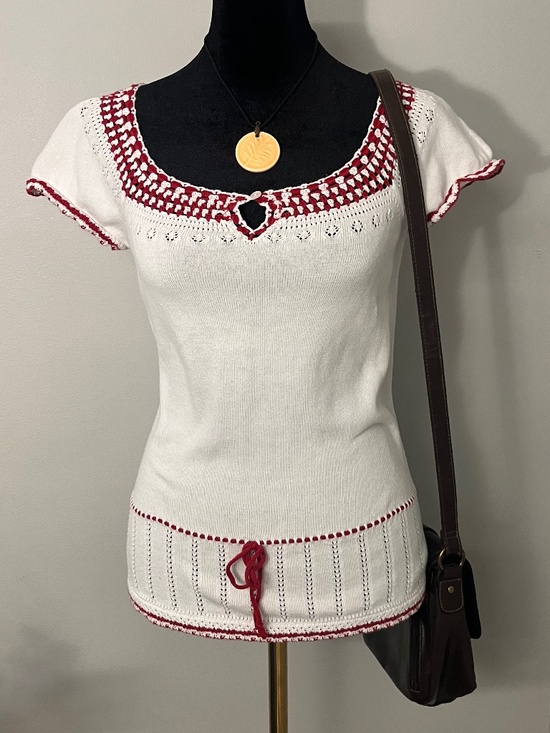 LOFT Tops - LOFT Red and White Keyhole Cotton Sweater Top Size XS